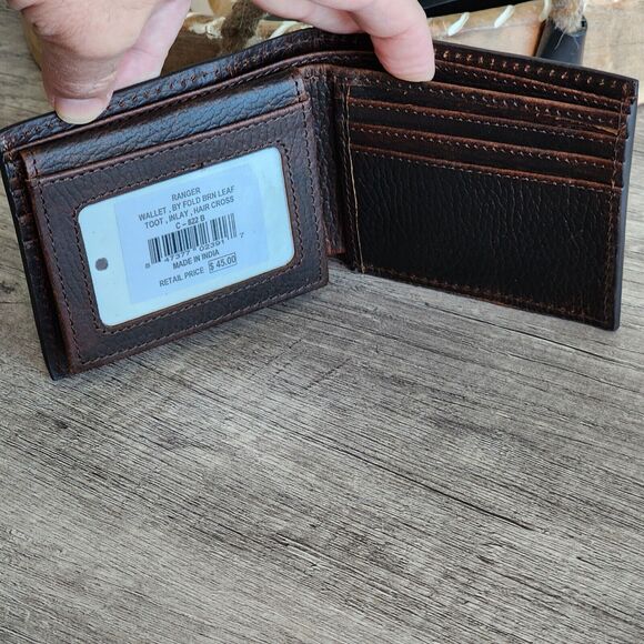 Western Dark Brown Leather Bifold Wallet Cowhide Inlay Cross Silver Stud Accent - Picture 10 of 13